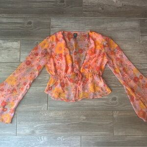 Wild Fable Floral Orange and Pink Tie Sheer Blouse,‎ XS, recycled materials